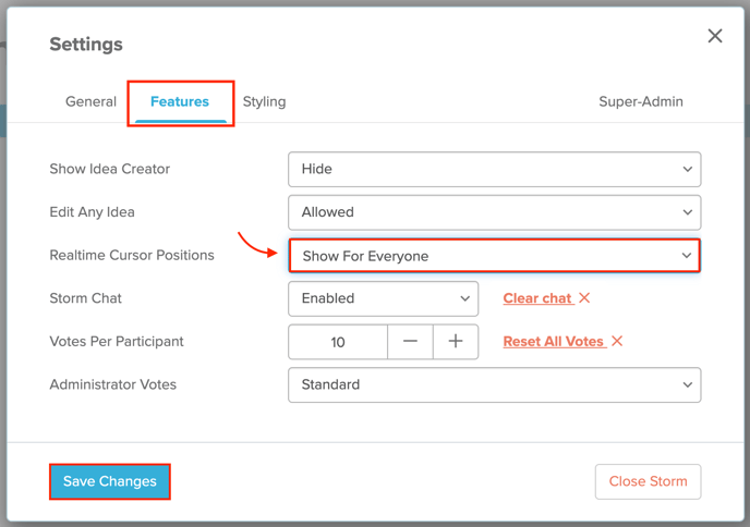 Stormboard realtime cursor position on/off toggle