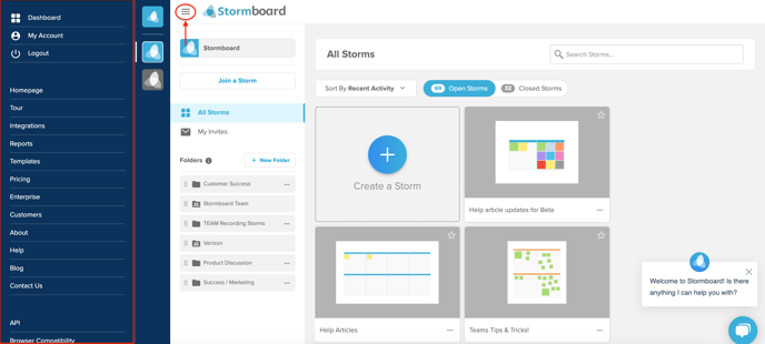Screenshot of Stormboard's main dashboard menu
