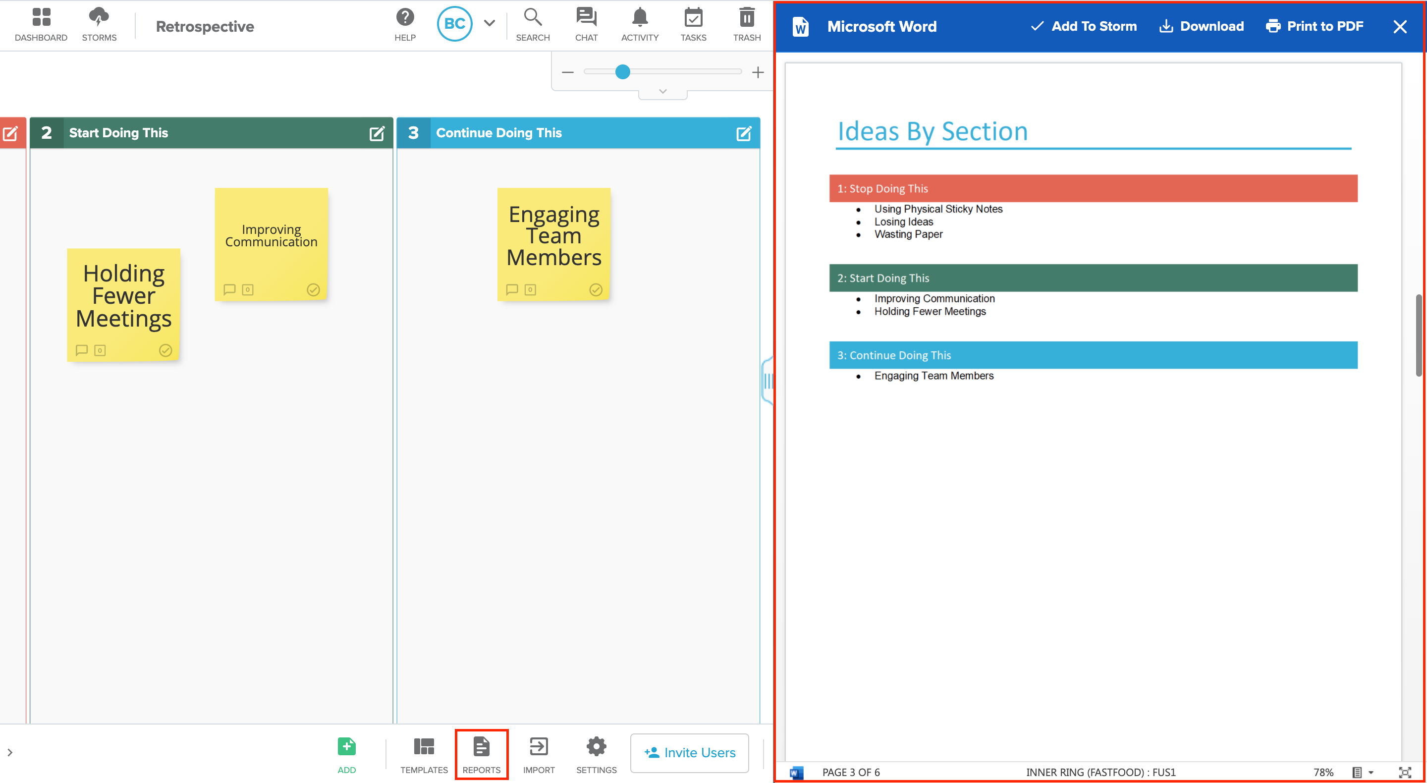 Microsoft word report in Stormboard