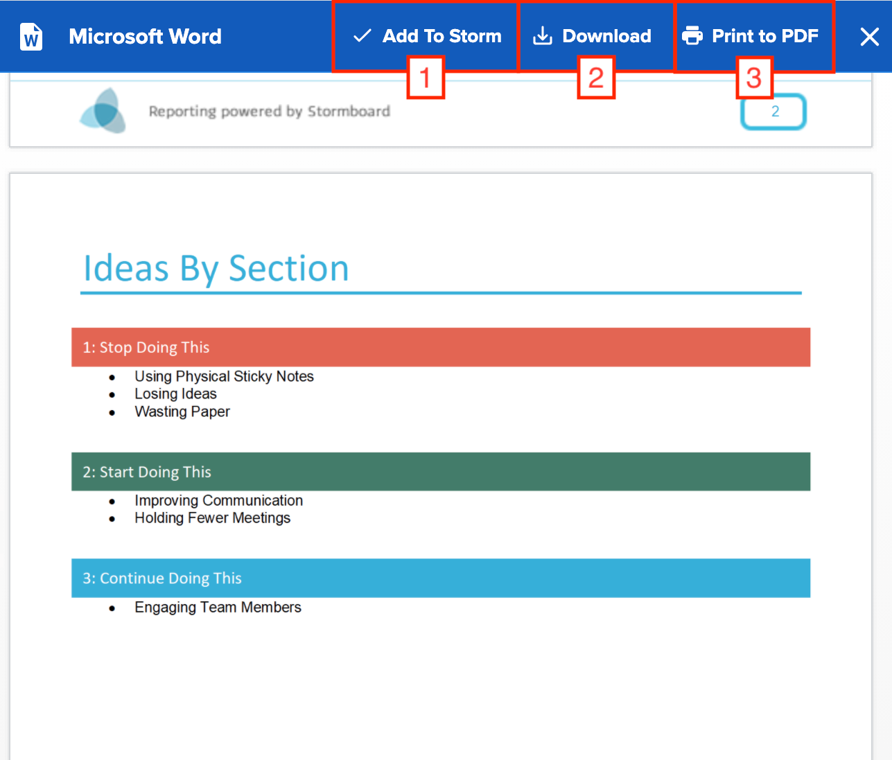 Options for exporting or using a report once generated