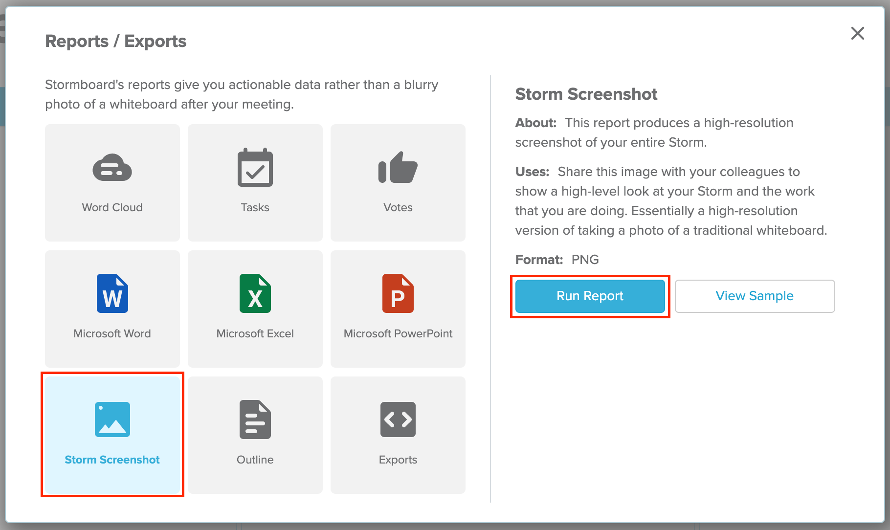 Storm Screenshot icon highlighted in reports menu