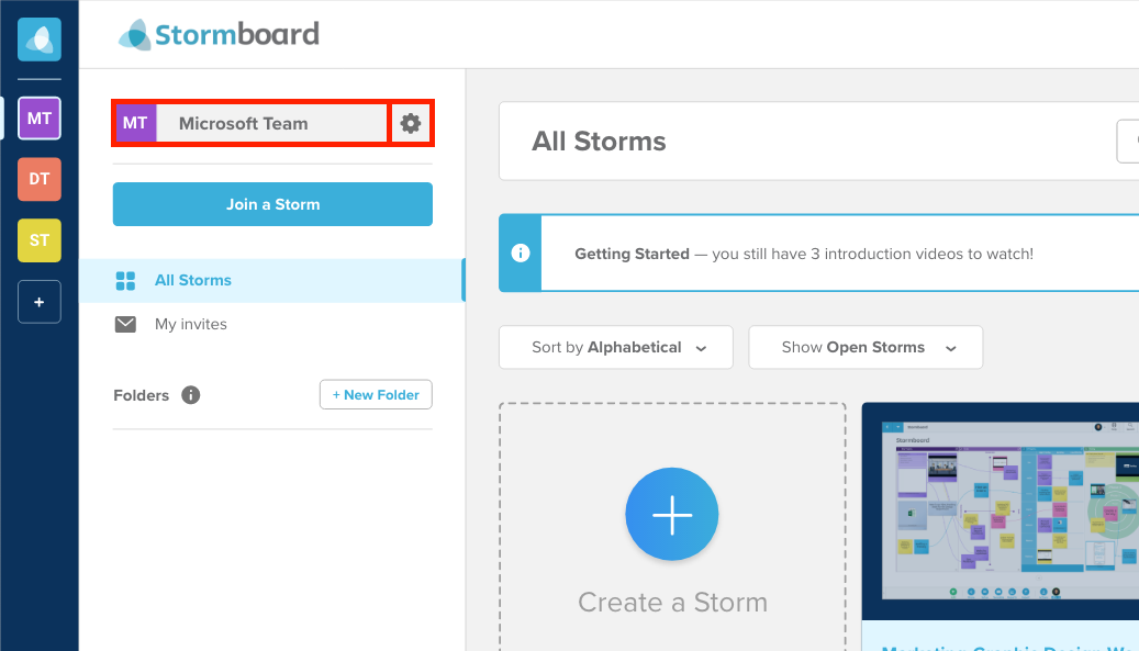 Account setting access on Stormboard dashboard