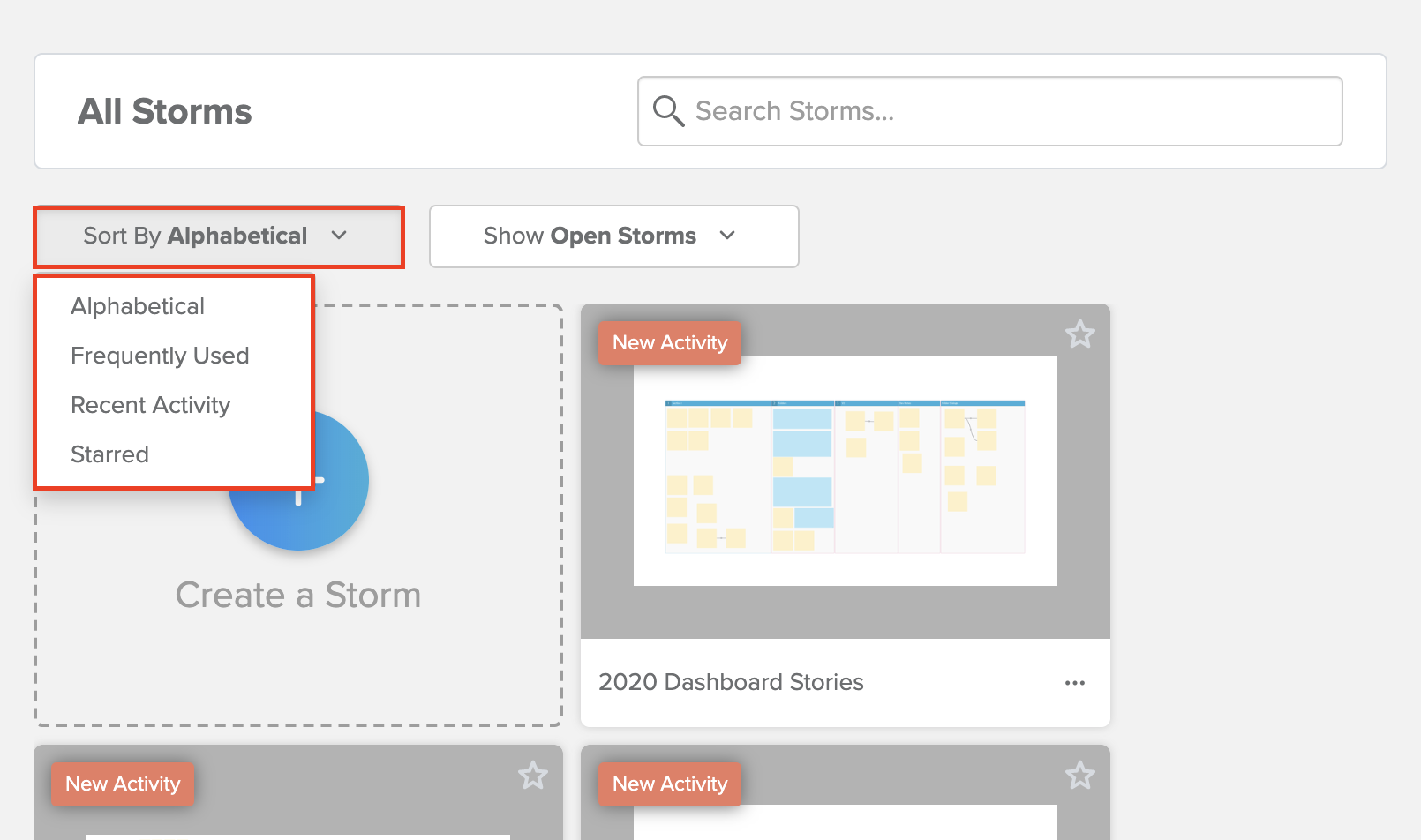 Stormboard sorting options on dashboard