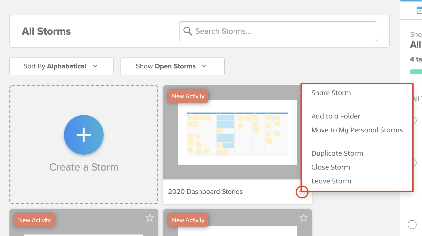 Stormboard menu for individual Storms and workspaces