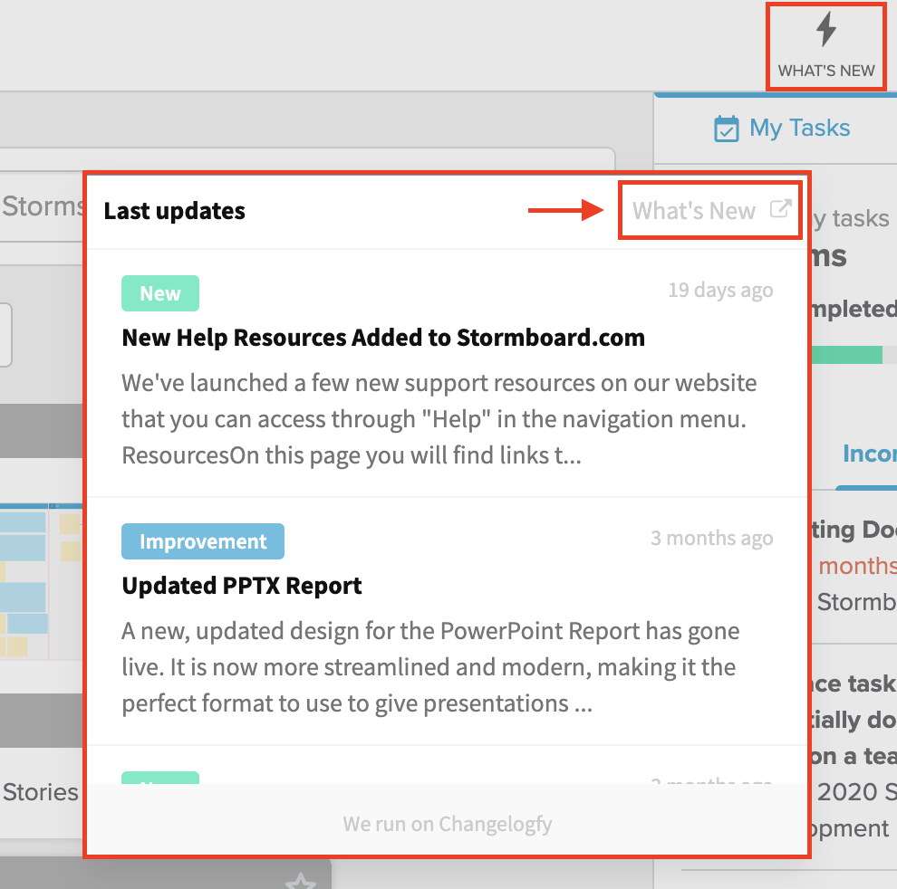 Stormboard's "What's New" changlog indicator 