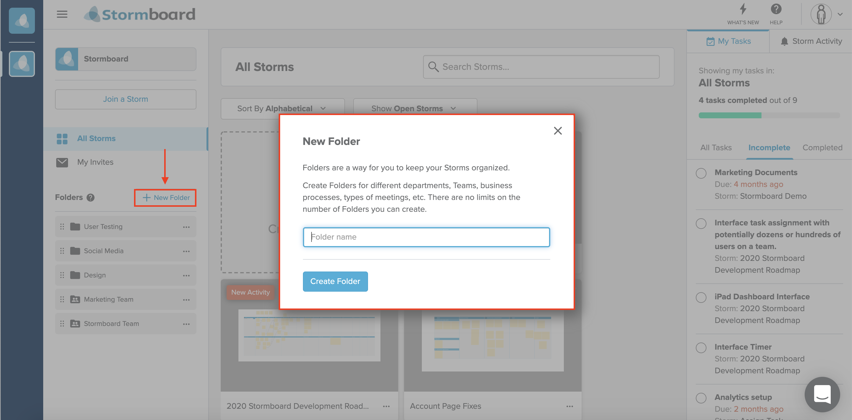 Showing how to create a folder on the Stormboard dashboard