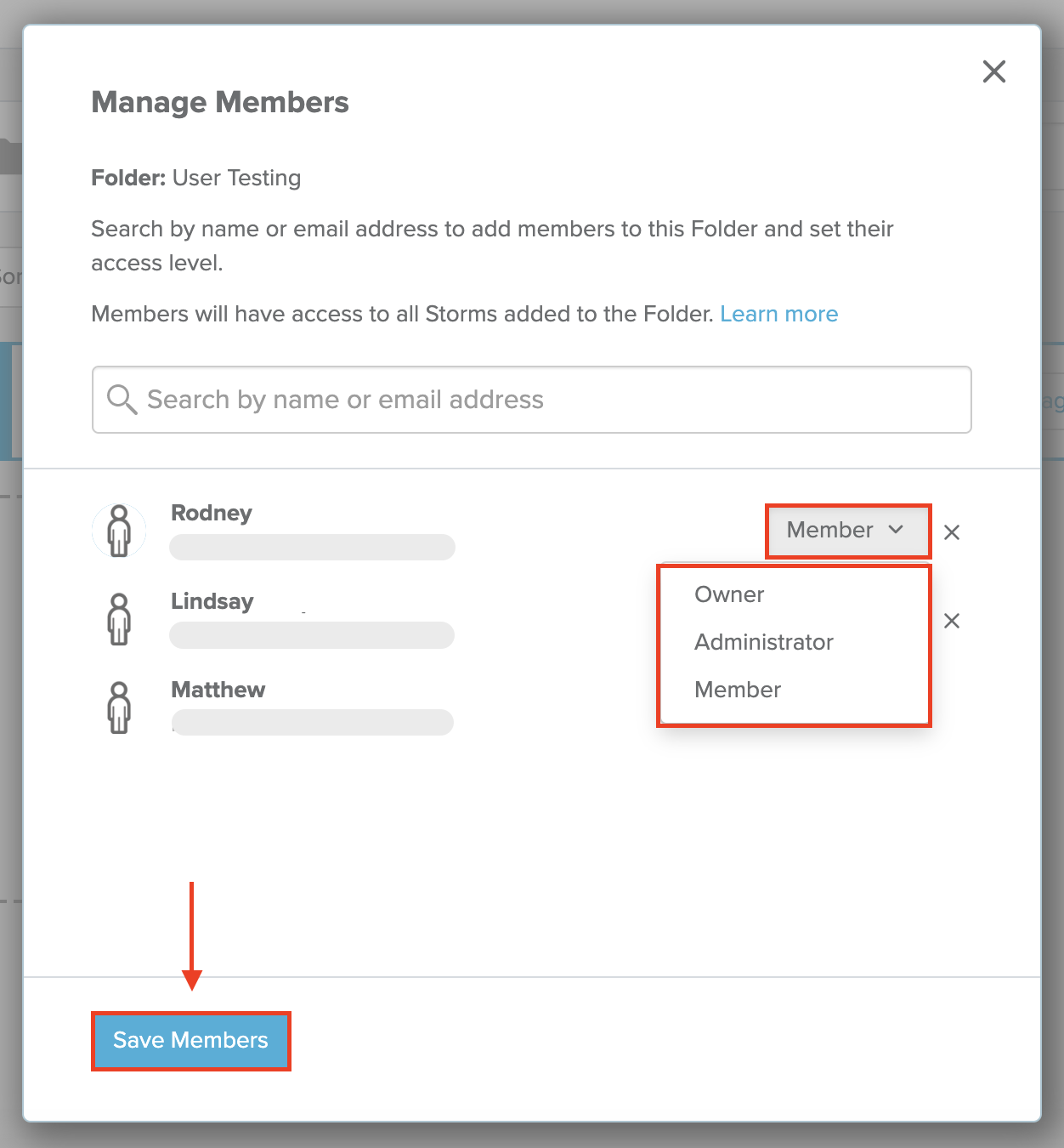 Assigning access levels to users within a Stormboard folder