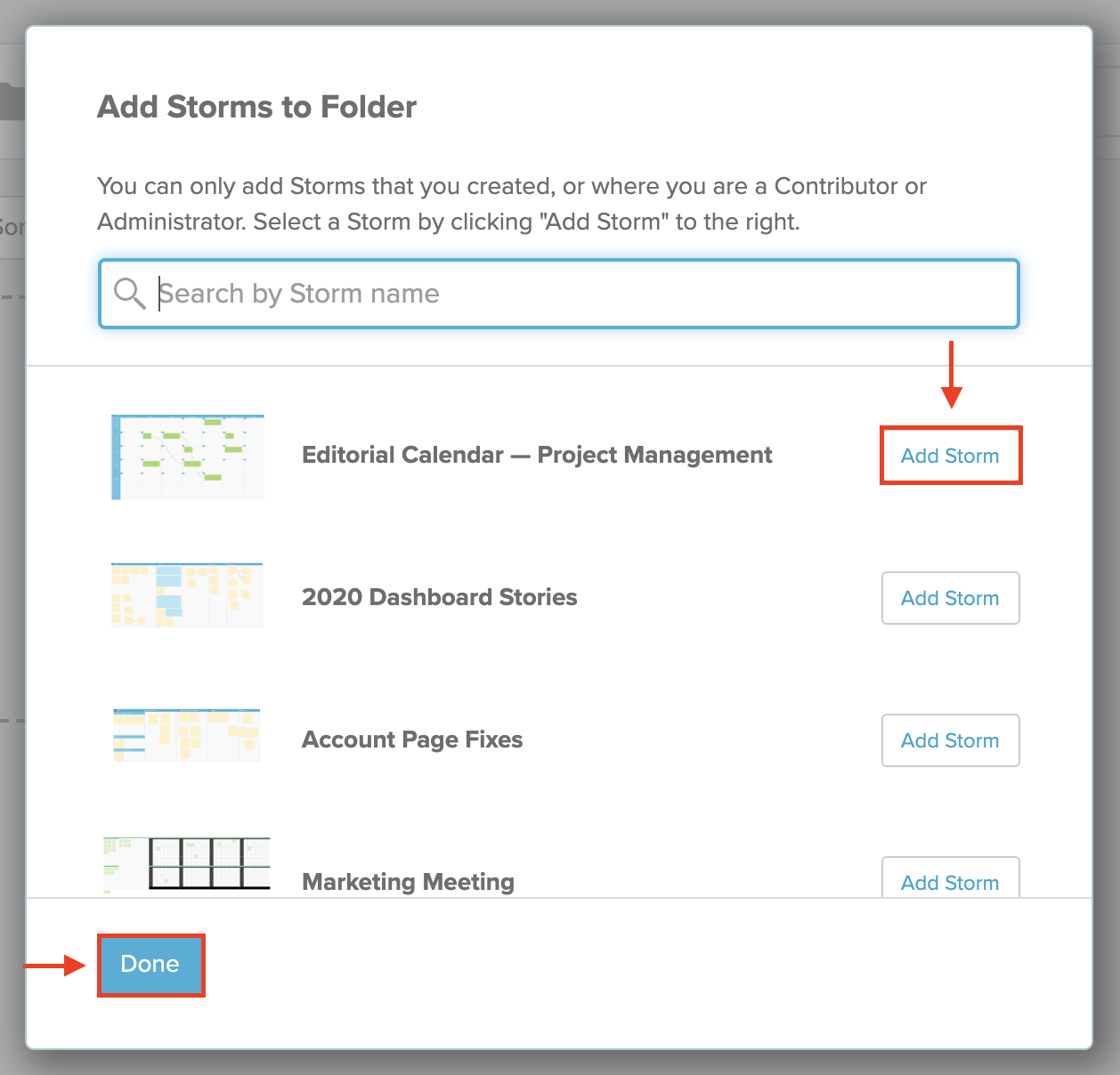 Adding existing storms to a folder