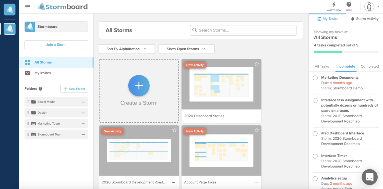 Screenshot of Stormboard's in-app dashboard