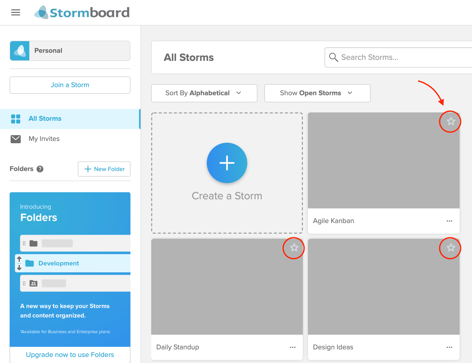 Stormboard dashboard with star icon highlighted