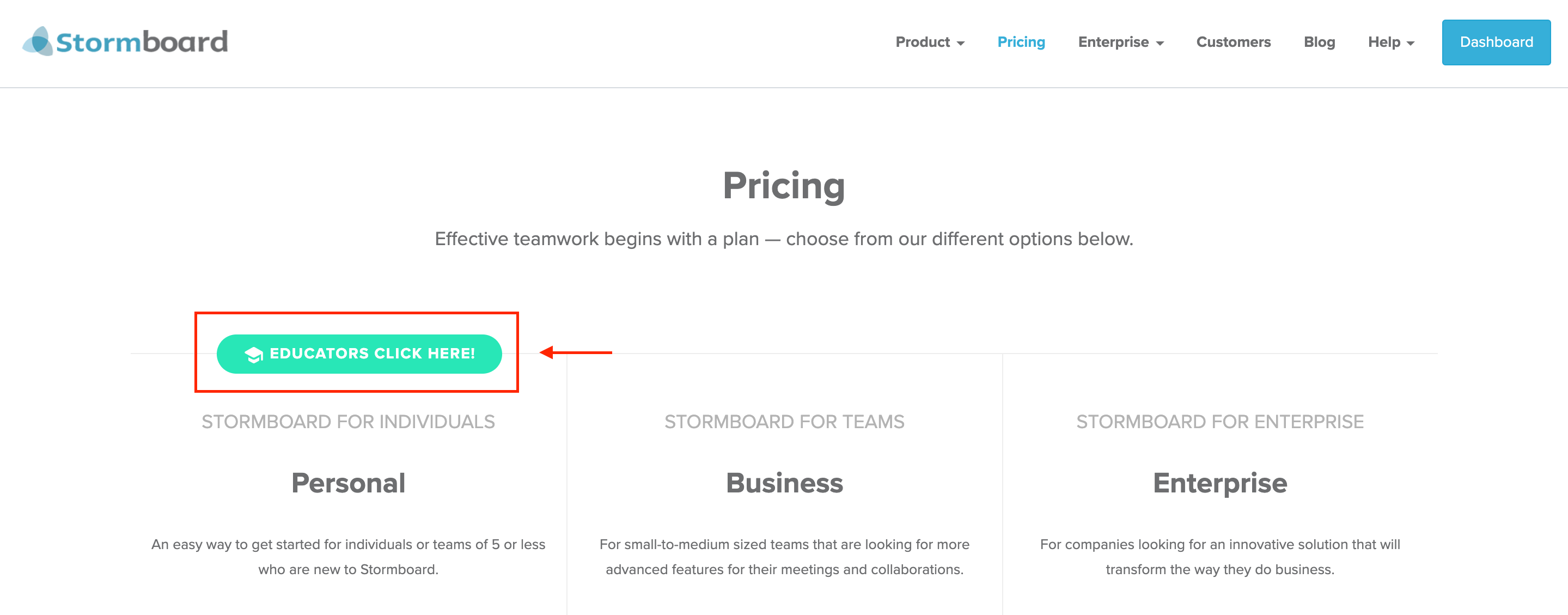 Stormboard Pricing page options