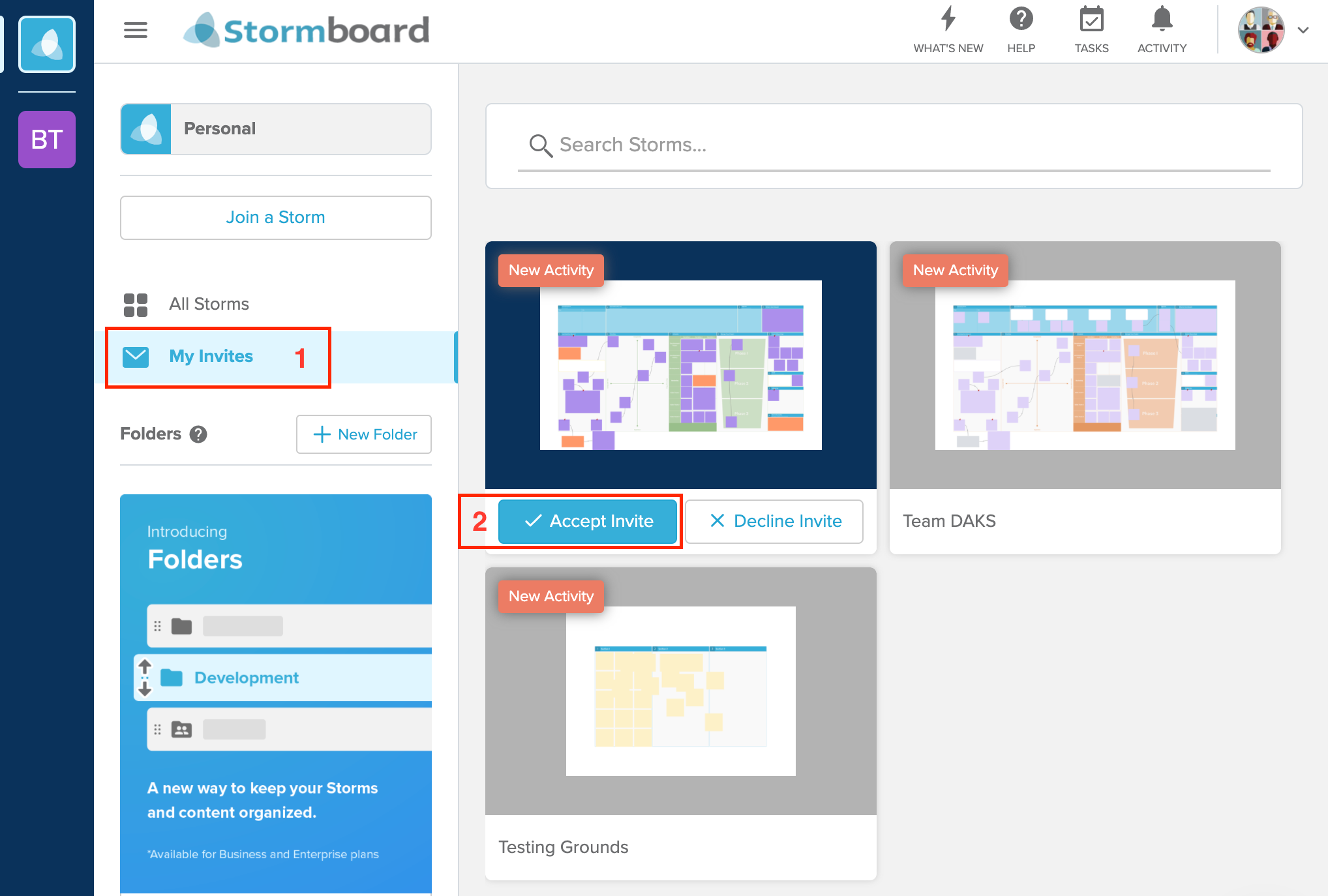 My Invites highlighted in the Stormboard Dashboard