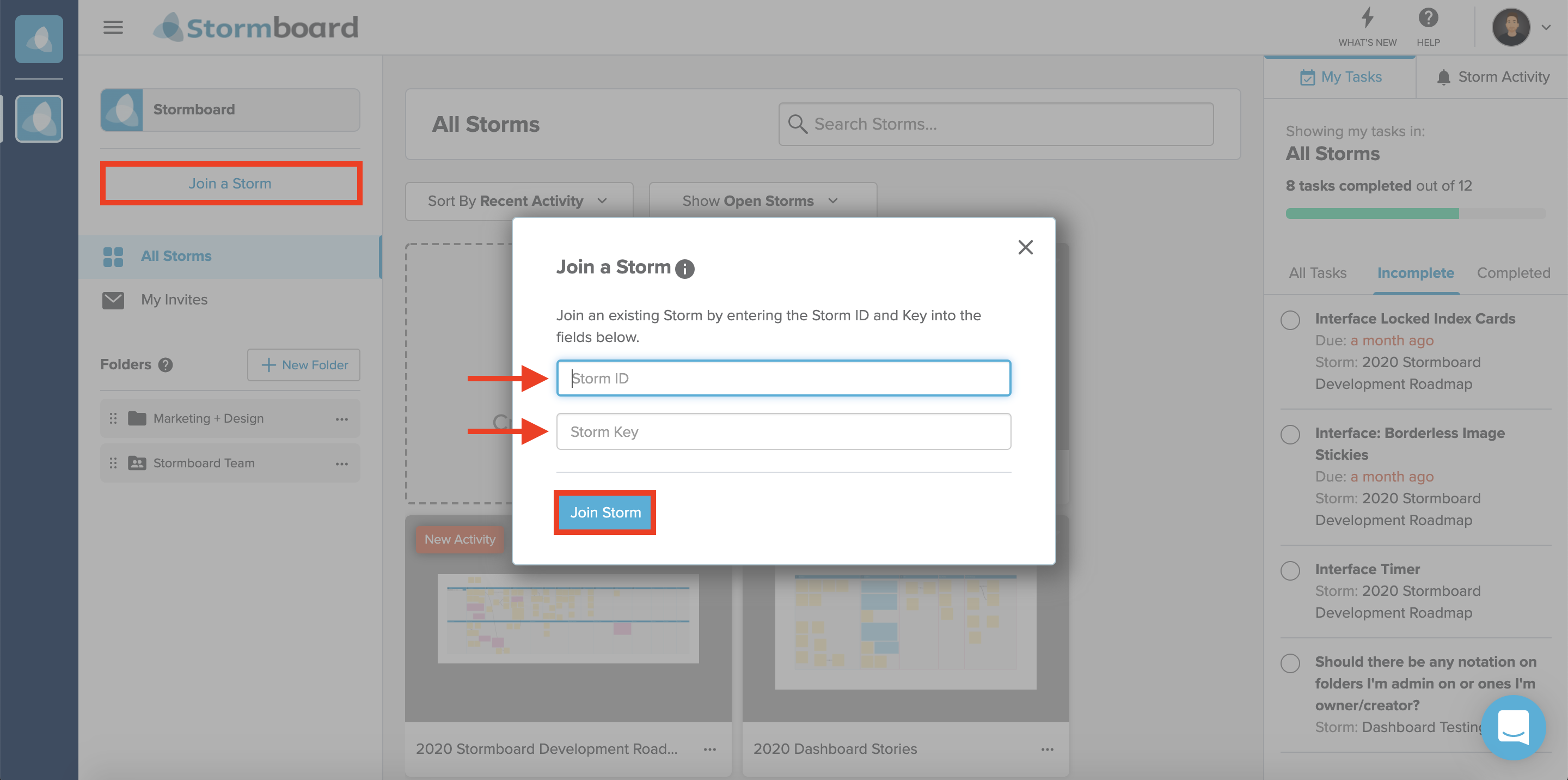 Join a Storm highlighted in the Stormboard Dashboard