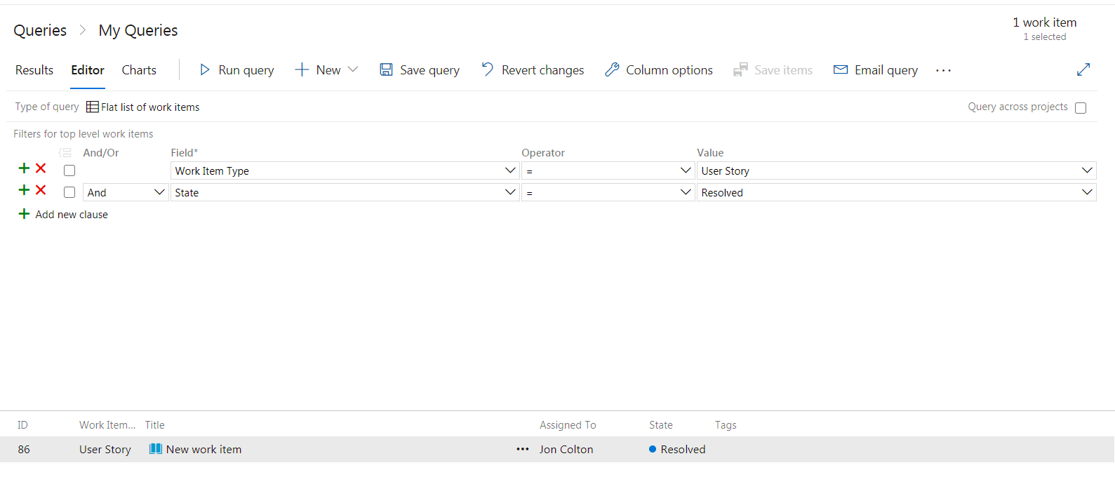 Create a My Query in Azure DevOps with the items you wish to filter.