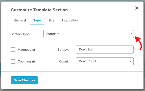 Customize Template Section pop up