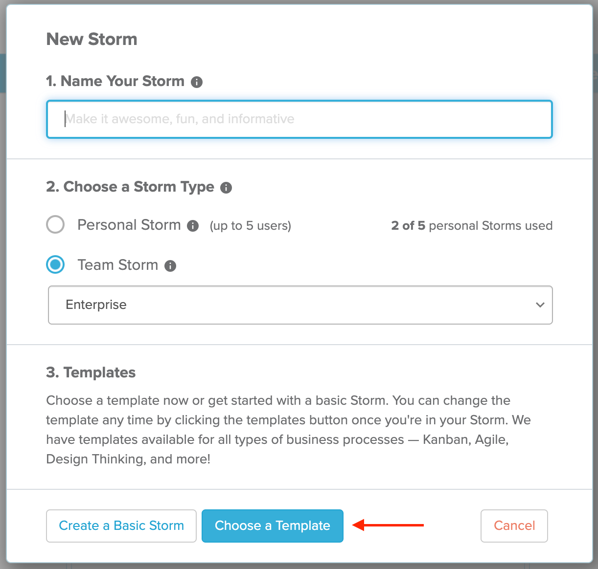 Loading a selected template from the in-Storm view