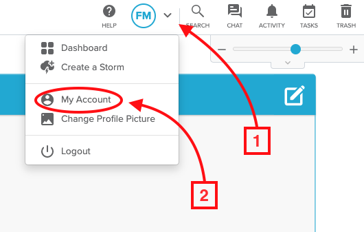 Close-up of account information button in Stormboard