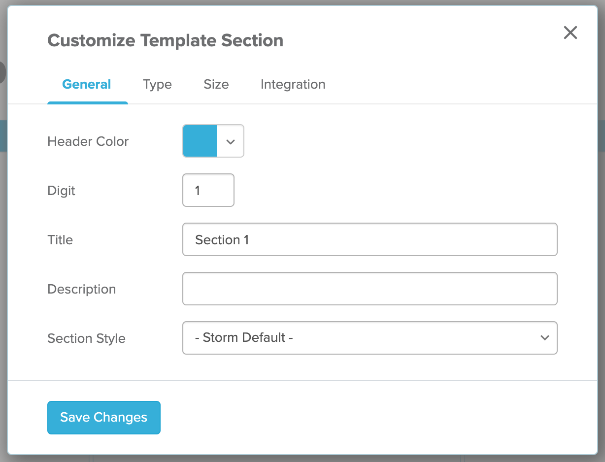 Customize Template Section pop up 