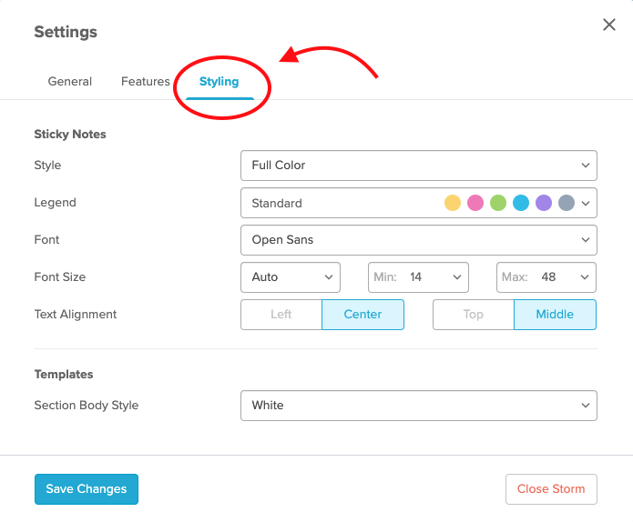 Styling tab highlighted in the settings menu