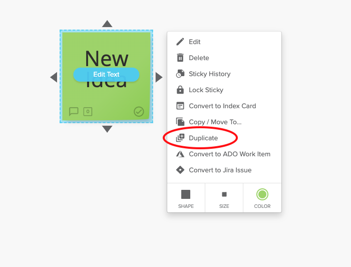 Duplicate icon highlighted in the sticky editing drop down menu