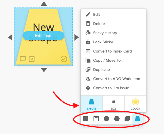 Sticky note drop down menu with shapes highlighted