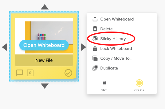 Sticky edit drop down menu with Sticky History selected
