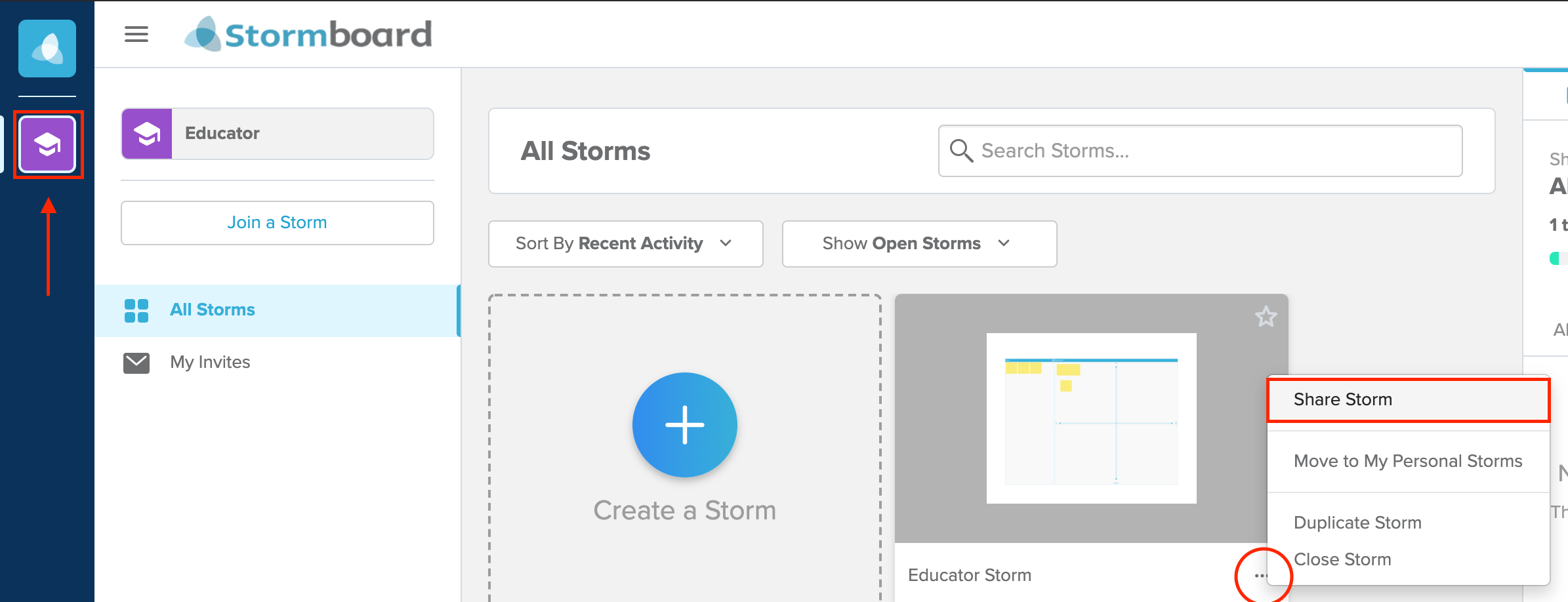 Demonstrating how to share or invite people to your storm from the dashboard