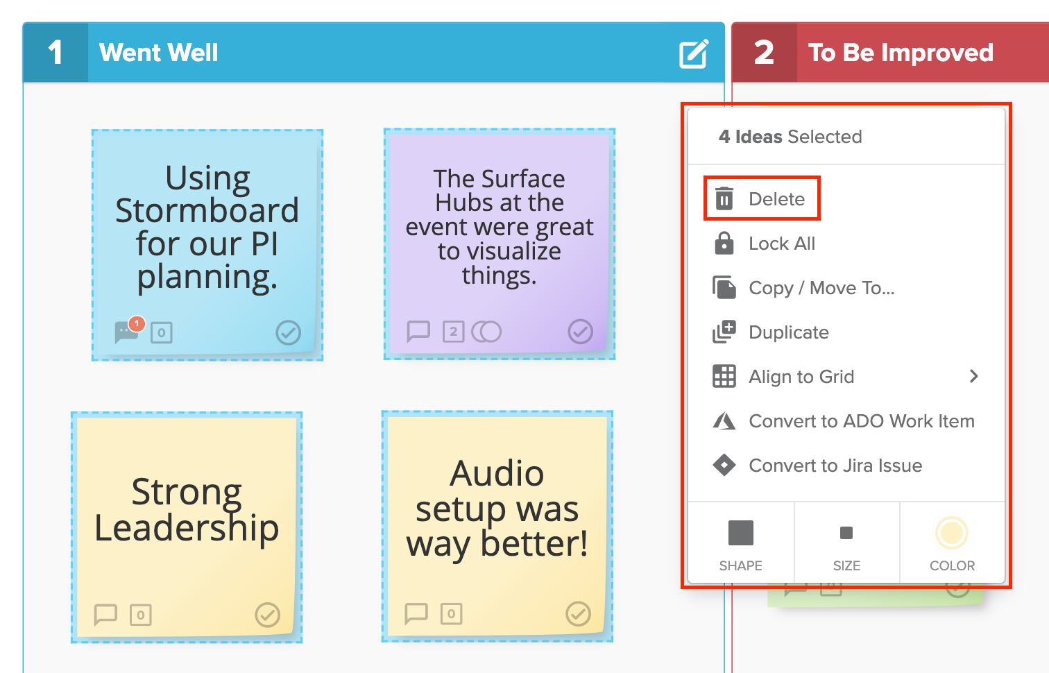 Selecting multiple stickies and deleting them