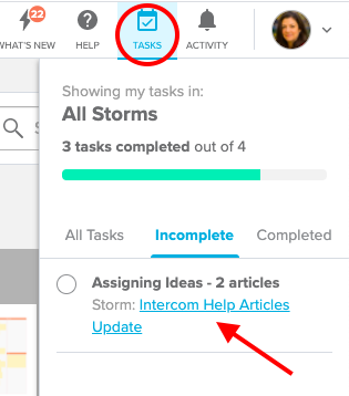 Tasks drop down menu in the dashboard