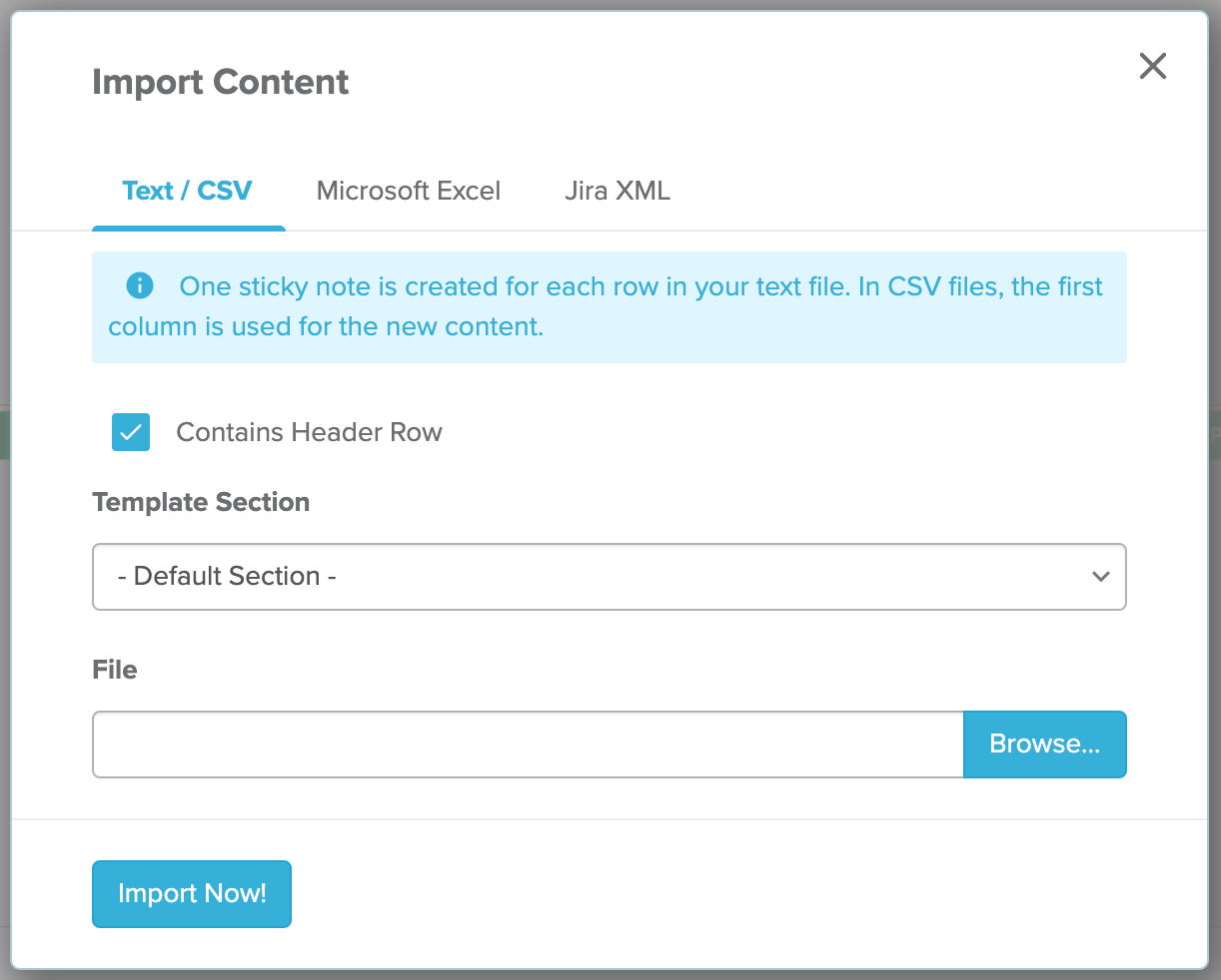 Import Content pop-up