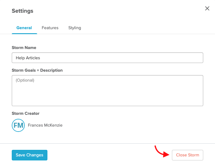 Settings menu and closing a storm