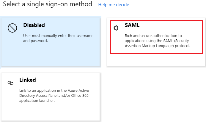 SAML highlighted in single sign-on dialog