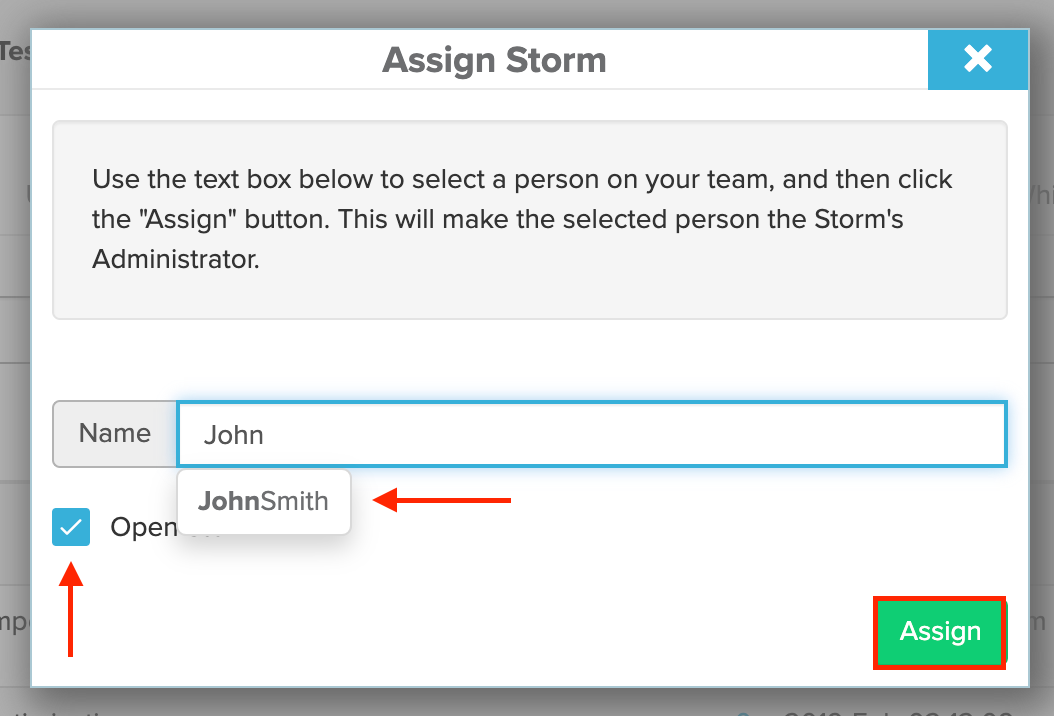 Assign Storm pop up