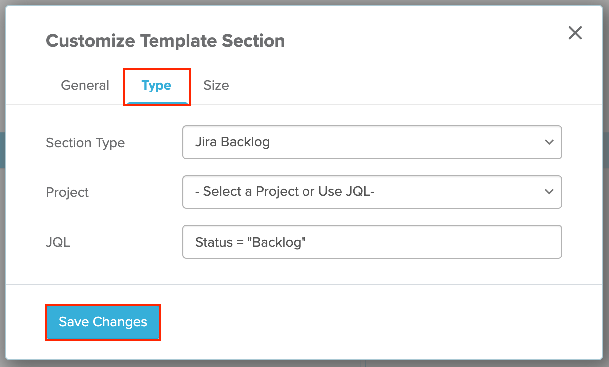 Type tab selected in customize template section