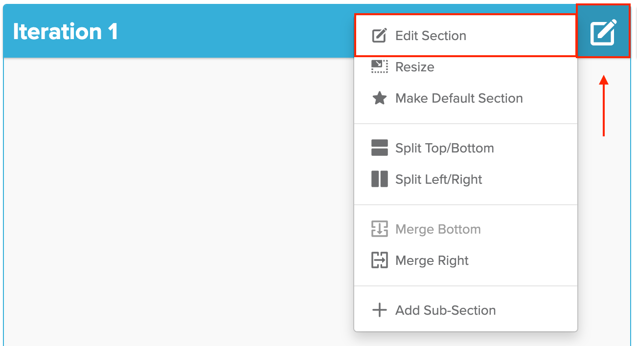 Blank standard template with edit section drop down menu