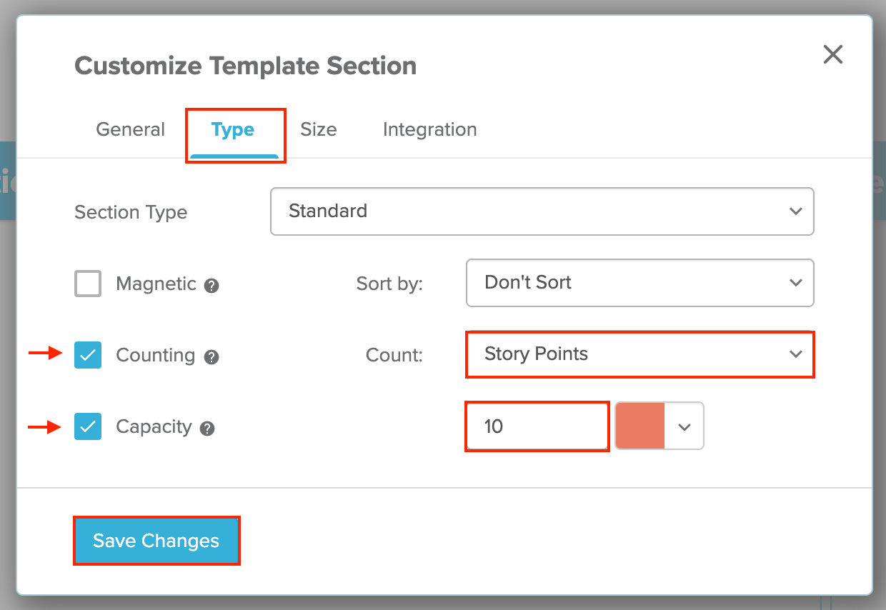 Customize Template section Story point drop down menu