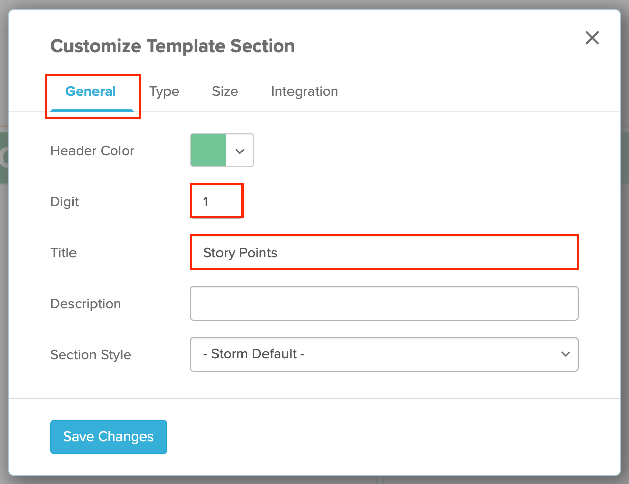 Customize Template Section Story points