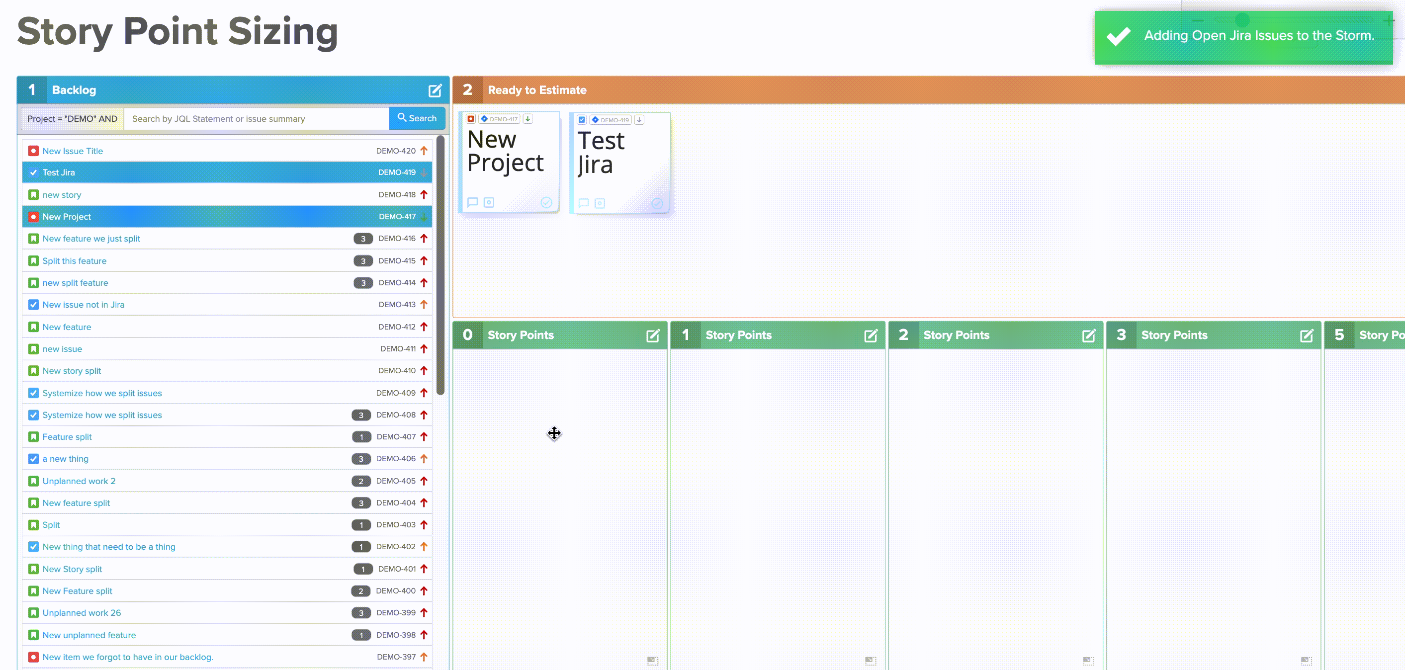 Adding issues from Jira backlog to Stormboard gif