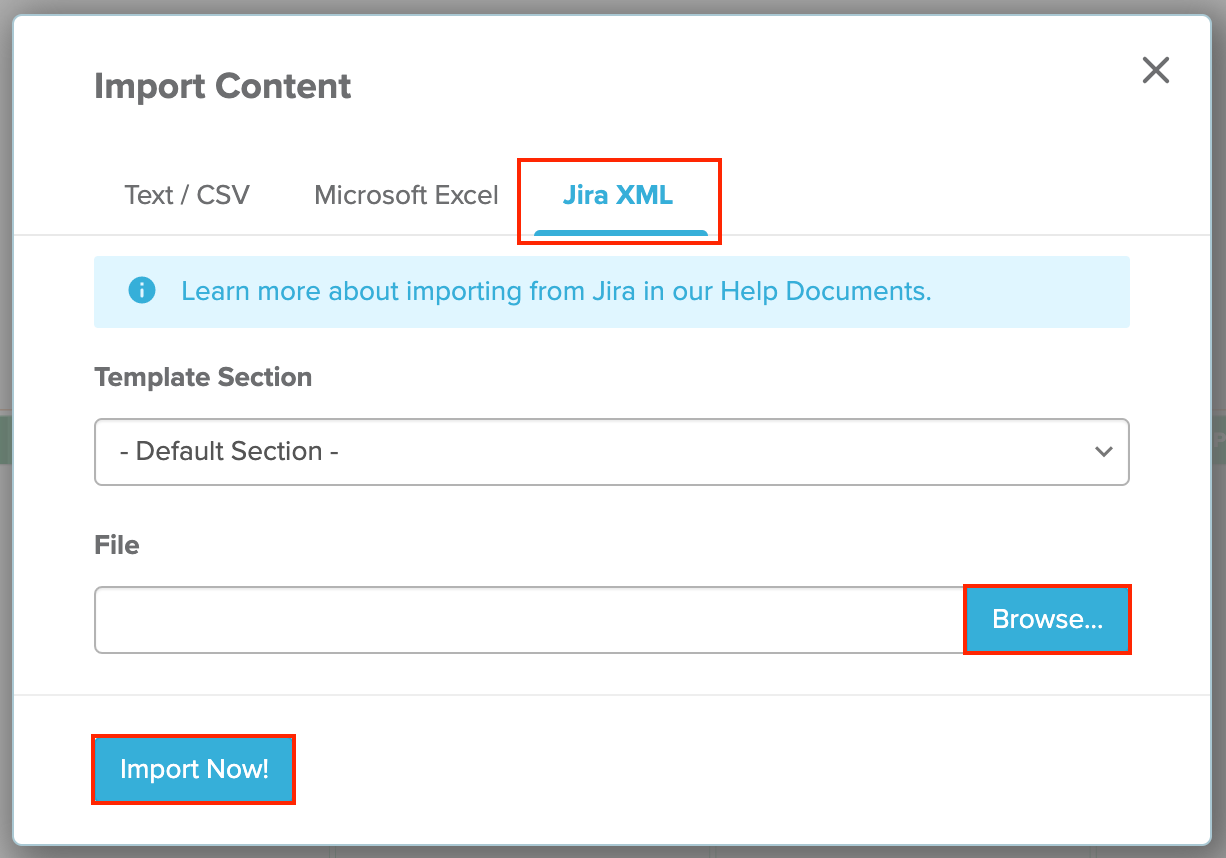 Importing Jira XML in Import Content tab
