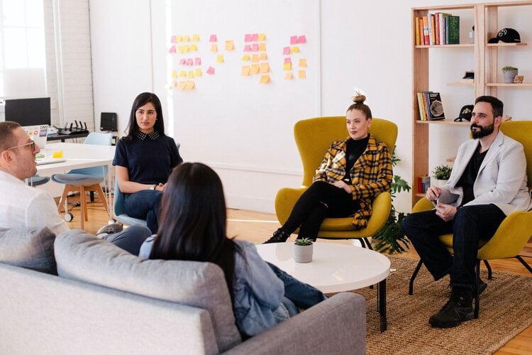 brainstorming session with two men and three women 