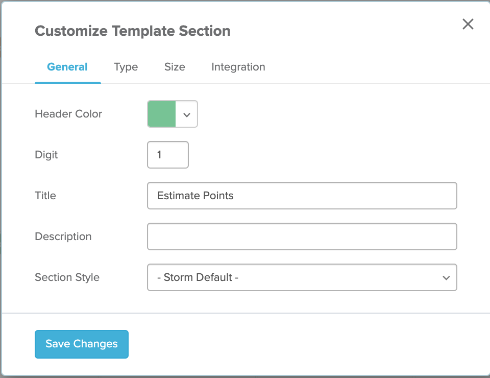 Customize Template section menu with estimate points