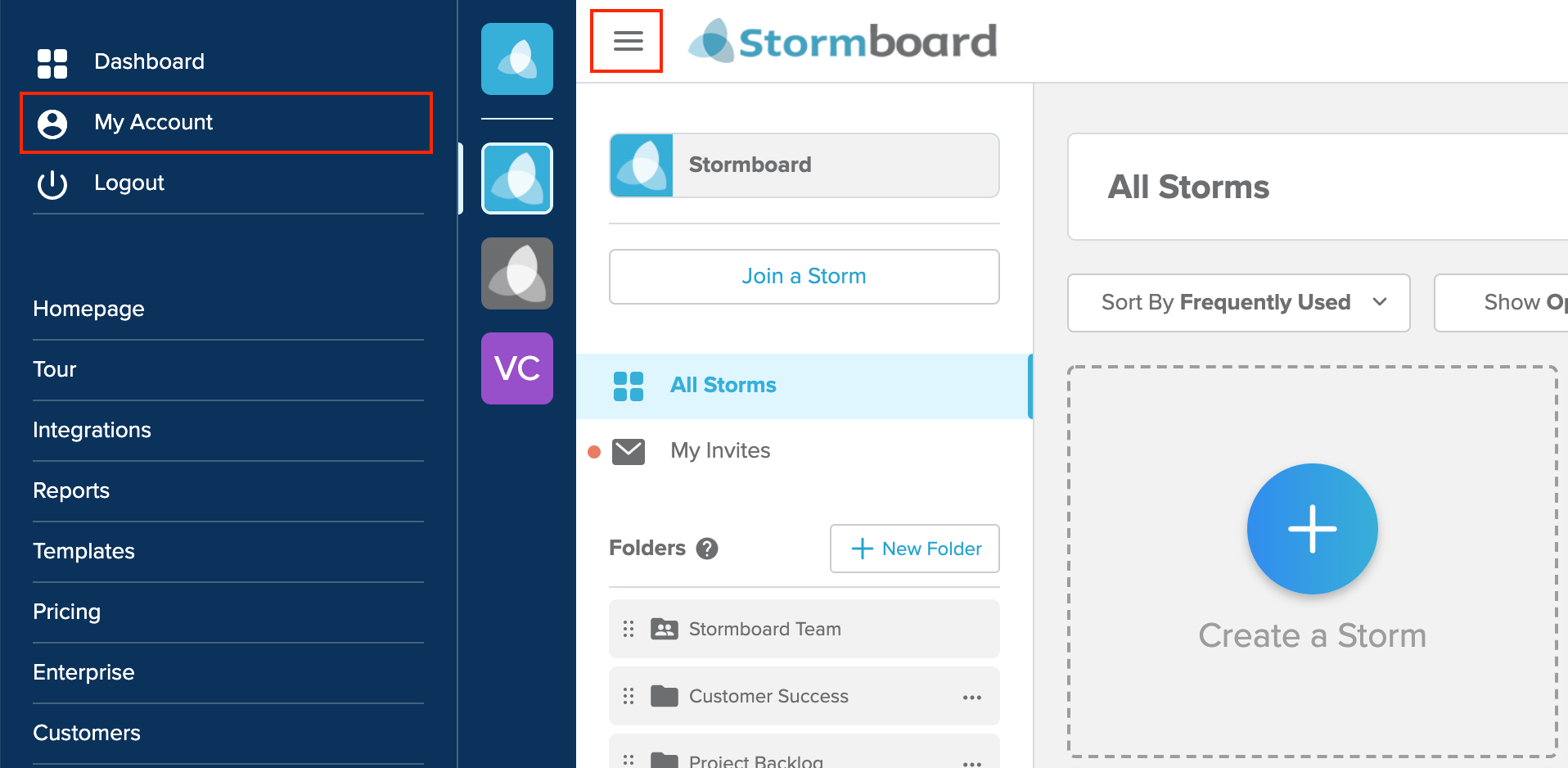 Stormboard account dashboard