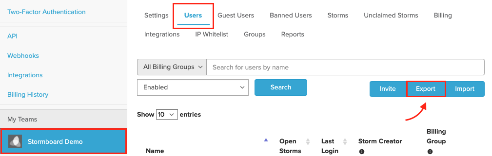 Exporting users via team user list