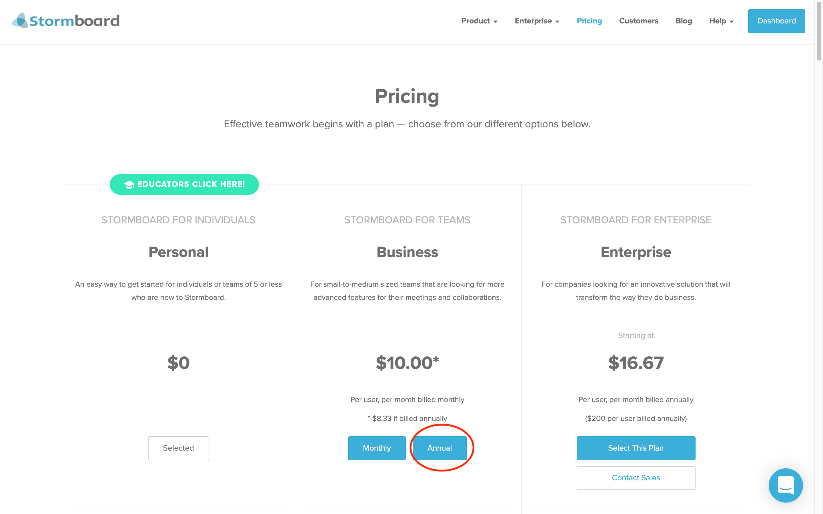Highlighting Stormboard's Annual option on the pricing page