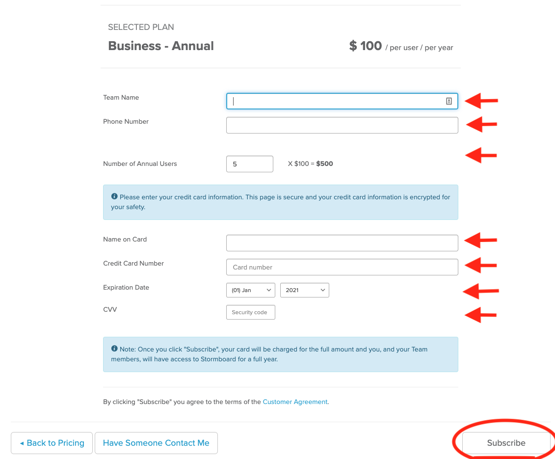 Showing required fields for signing up for a business annual plan