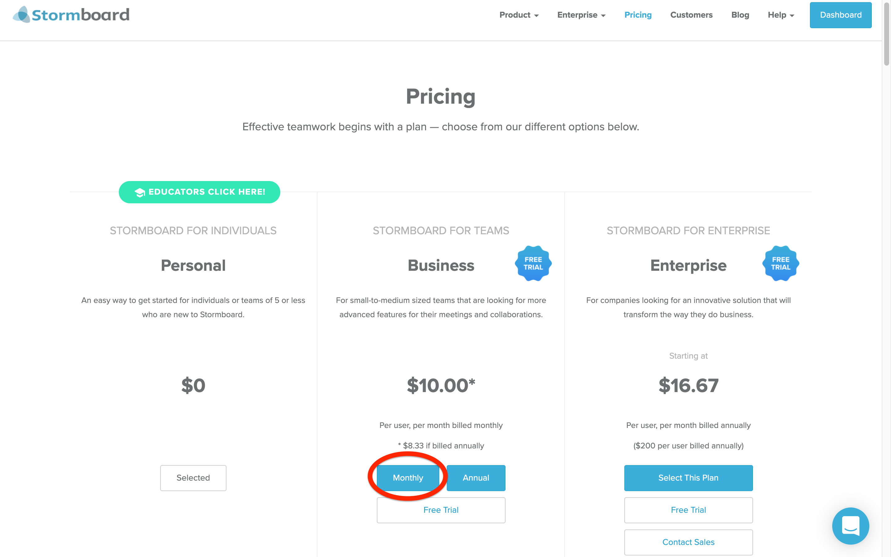 Highlighting Stormboard's Business Monthly plan on the pricing page