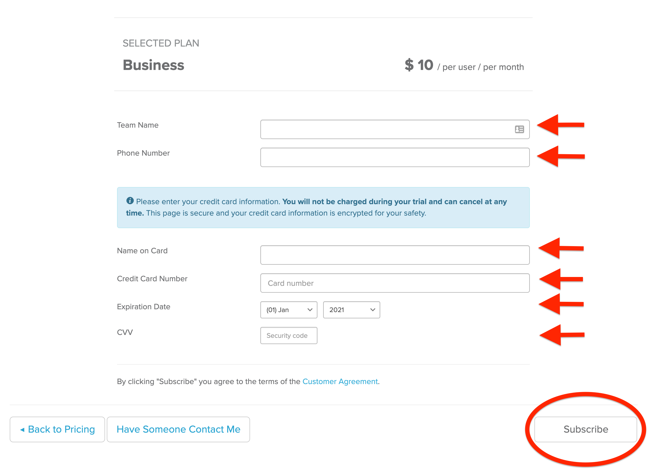 Required fields for signing up for business monthly plans