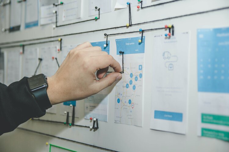 A messy workflow diagram using string and pushpins