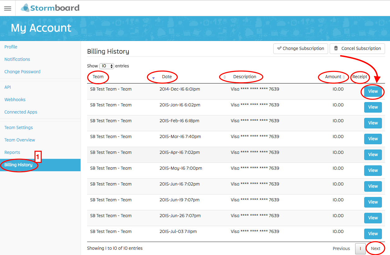 Billing History dashboard overview