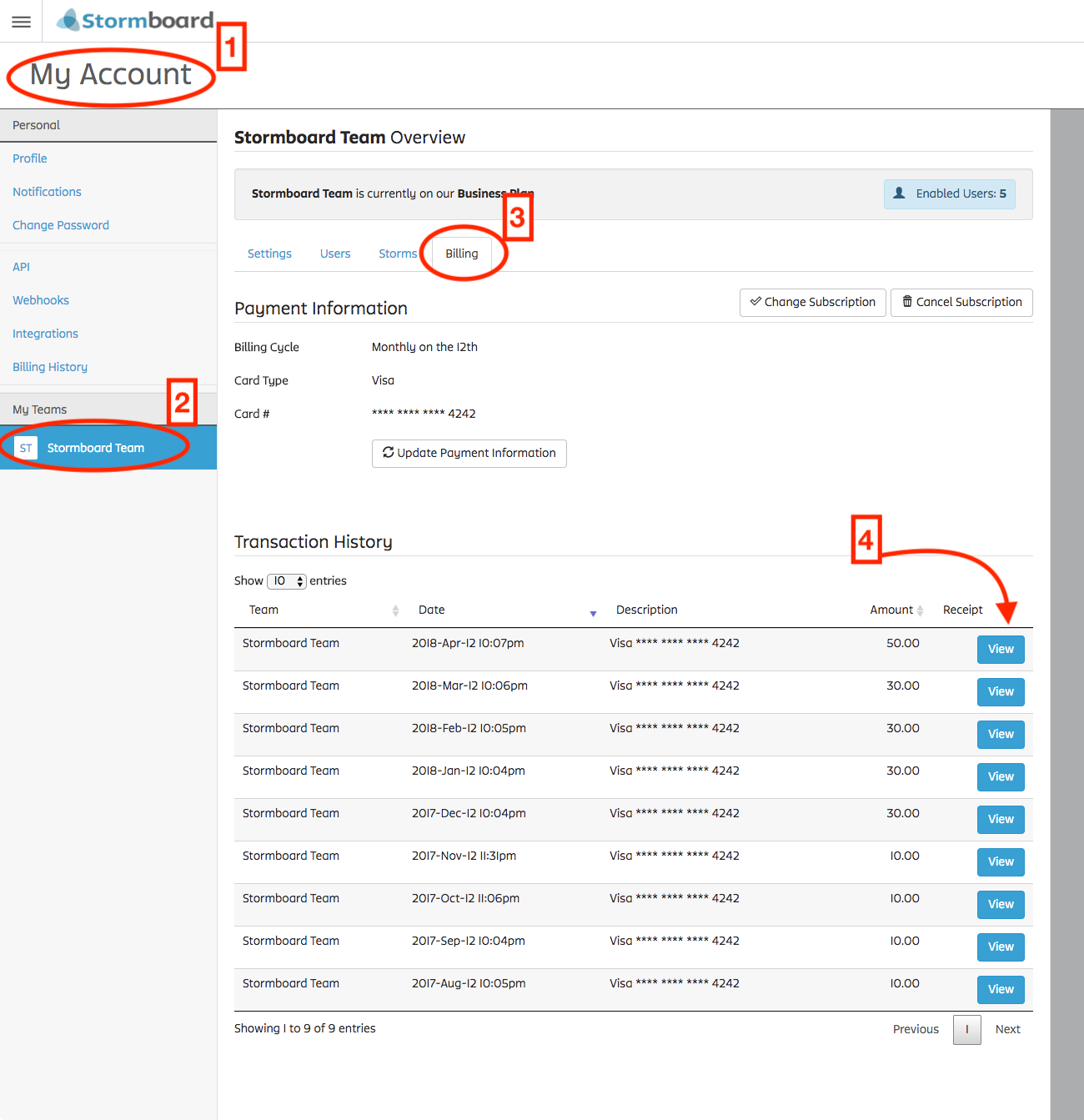 Stormboard Team billing overview dashboard view